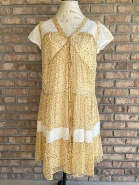 Dahiny Yellow 100% Silk Floral Tiered Lace Trim Sundress.